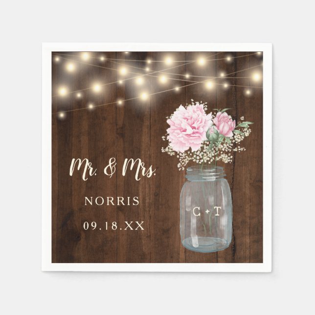 Guardanapo De Papel Rustic Wood Pink Peony Floral Mason Jar | Casament (Frente)