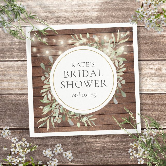 Guardanapo De Papel Rustic Wood String Luz Chá de panela Verde (Rustic Wood String Lights Greenery Bridal Shower Napkins)