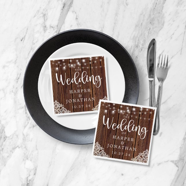 Guardanapo De Papel Rustic Wood String Luz Lace Farmhouse Casamento (Criador carregado)