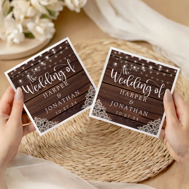 Guardanapo De Papel Rustic Wood String Luzes Lace Casamento Napkins (Rustic Wood String Lights Lace Wedding Napkins)