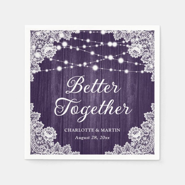 Guardanapo De Papel Rústica Wood Lace String Luz Casamento Roxo (Frente)