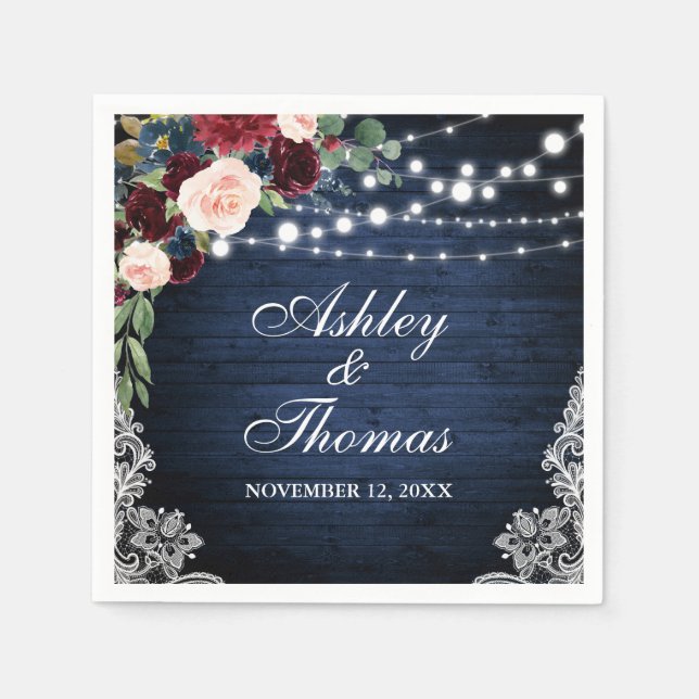 Guardanapo De Papel Rústico Casamento Azul Borgonha Lace Floral (Frente)