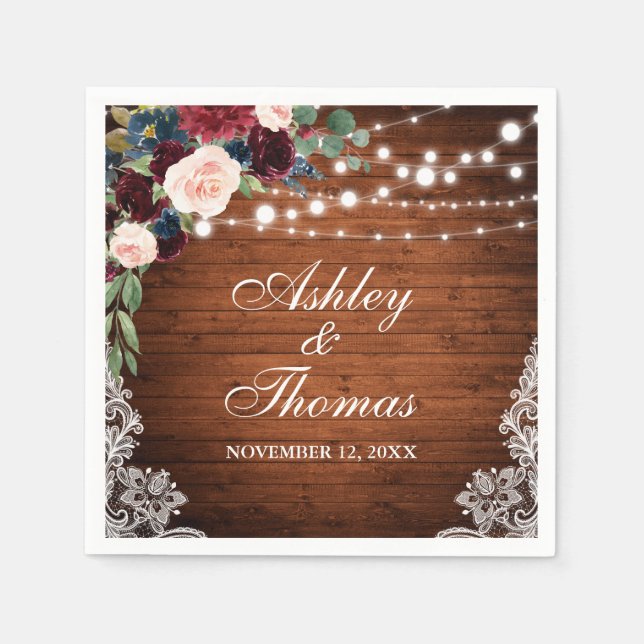 Guardanapo De Papel Rústico Casamento Burgundy Blue Floral Lace (Frente)