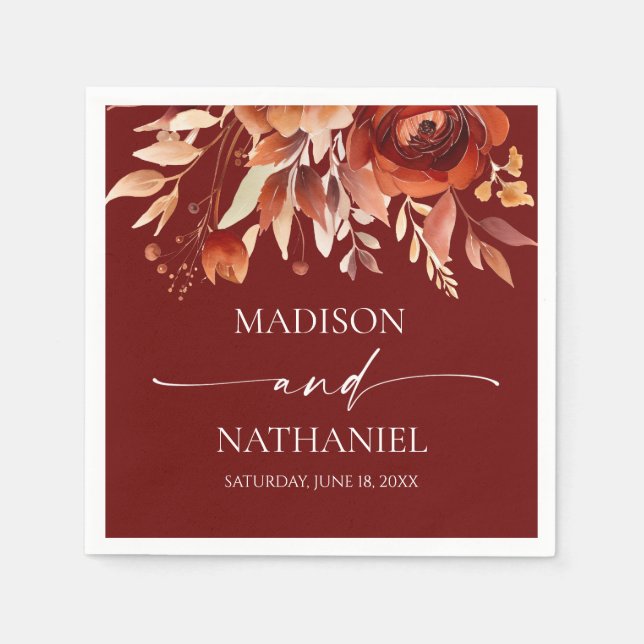 Guardanapo De Papel Rusty Burgundy Brown Floral Flower Wedding (Frente)
