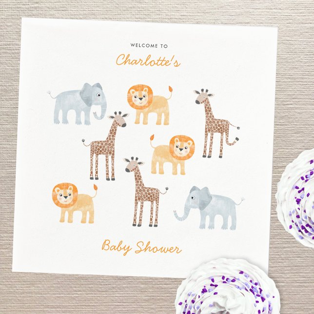 Guardanapo De Papel Safari Animal Aquarela Chá de fraldas Personalizad (Fun watercolor baby safari animals personalized baby shower party paper napkins)