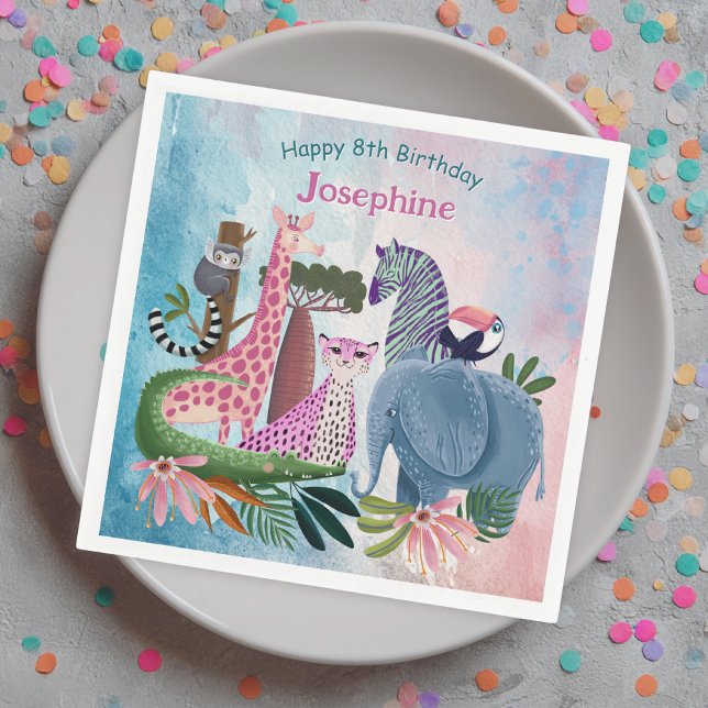 Guardanapo De Papel Safari animals jungle birthday watercolor girl (Criador carregado)