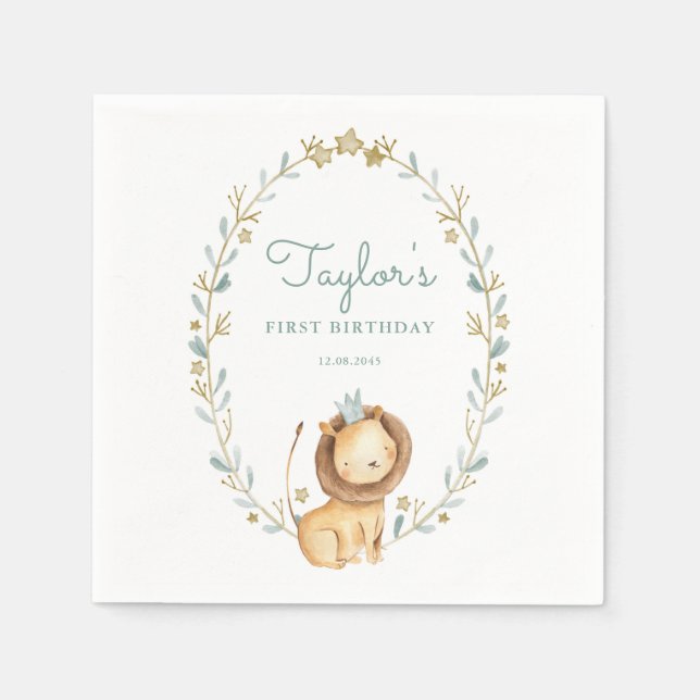 Guardanapo De Papel Safari Watercolor Leão Príncipe Primeiro Aniversár (Frente)