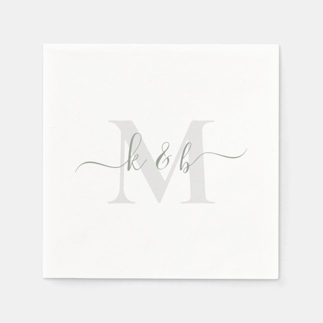 Guardanapo De Papel Sage & Cinza Monograma Swash Script White Coctail (Frente)