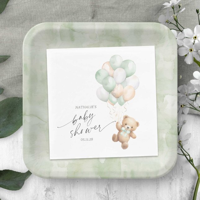 Guardanapo De Papel Sage Green Balloons, Bearesperar Sexo Neutro (Sage Green We Can Bearly Wait, Teddy Bear Themed Baby Boy Shower Napkin.)