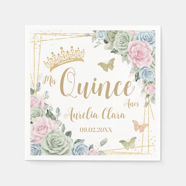 Guardanapo De Papel Sage Green Blush Pink Borboleta Floral Rosa Quince (Frente)