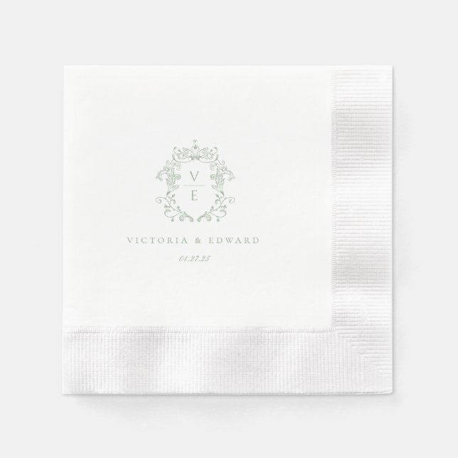 Guardanapo De Papel Sage Green Crest Monograma Wedding (Frente)