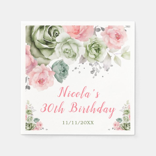 Guardanapo De Papel Sage Green e Pink Floral Birday (Frente)
