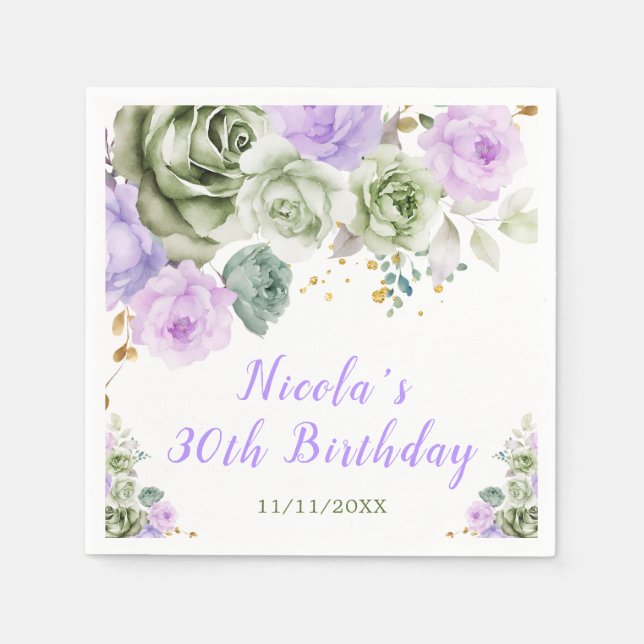 Guardanapo De Papel Sage Green e Purple Floral Birday (Frente)