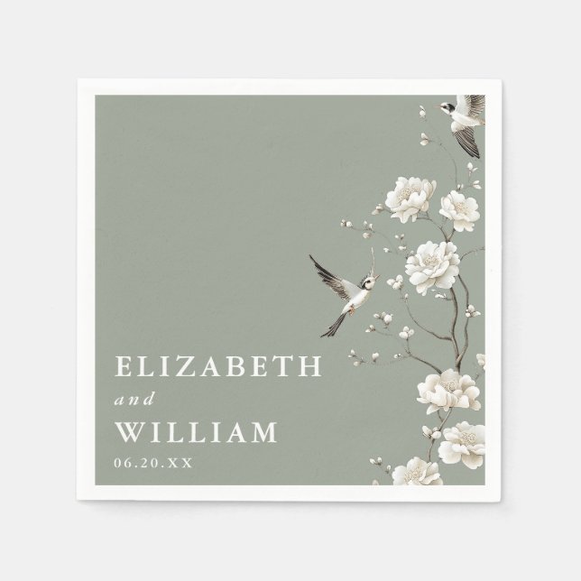 Guardanapo De Papel Sage Green Elegant Chinoiserie Floral Weding (Frente)