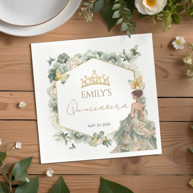 Guardanapo De Papel Sage Green Floral Butterfly Tiara Quinceañera (Criador carregado)