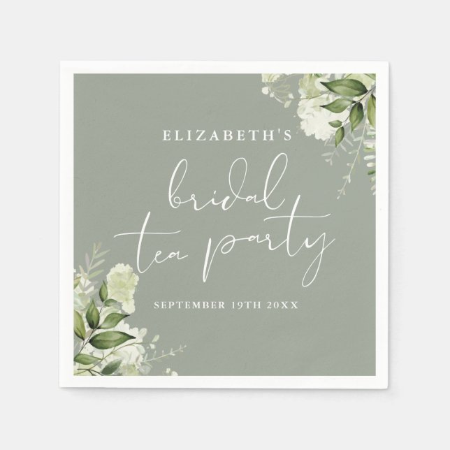 Guardanapo De Papel Sage Green Floral Greenery Script Bridal Tea Party (Frente)