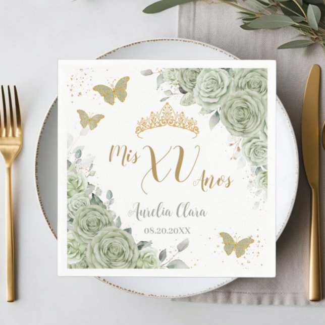 Guardanapo De Papel Sage Green Floral Quinceanera Birthday Butflies (Criador carregado)