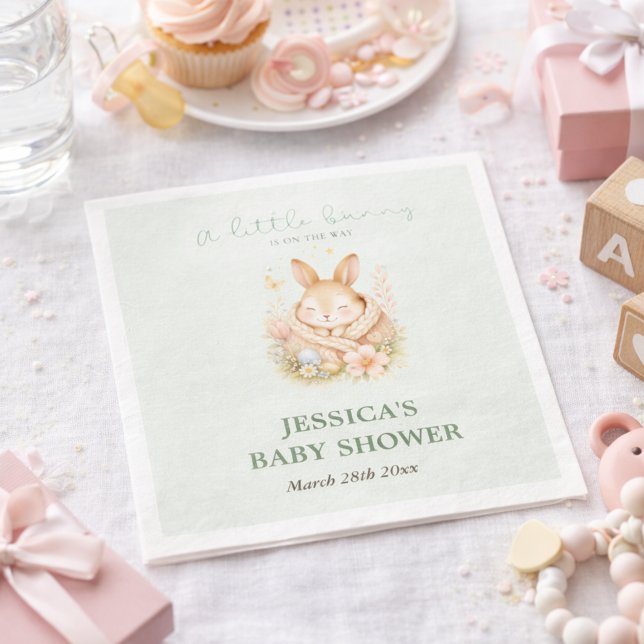 Guardanapo De Papel Sage Green Little Bunny on Its Way Baby Shower  (Criador carregado)