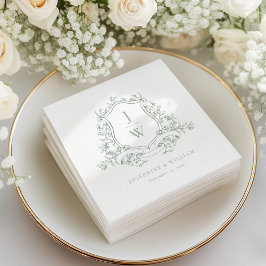 Guardanapo De Papel Sage Green Monograma Floral Crest Elegante Casamen