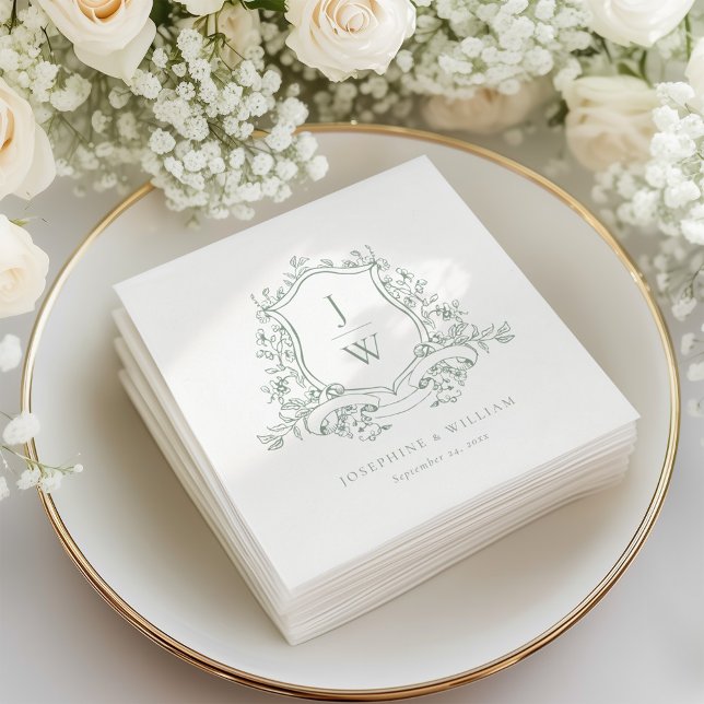 Guardanapo De Papel Sage Green Monograma Floral Crest Elegante Casamen (Criador carregado)