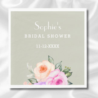 Guardanapo De Papel Sage Green Peach Pink Roses Floral Bridal Shower