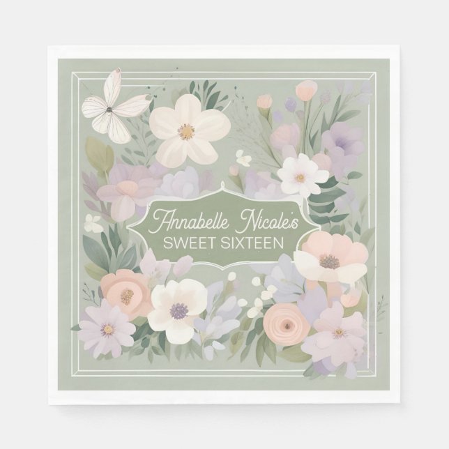 Guardanapo De Papel Sage Green Personalizou Napkins Floral (Frente)