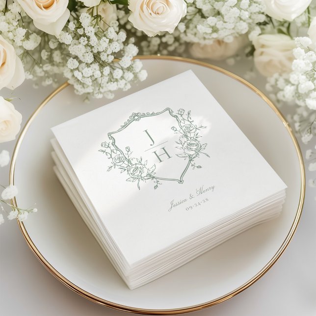 Guardanapo De Papel Sage Green Regency Floral Crest Casamento Monogram (Criador carregado)