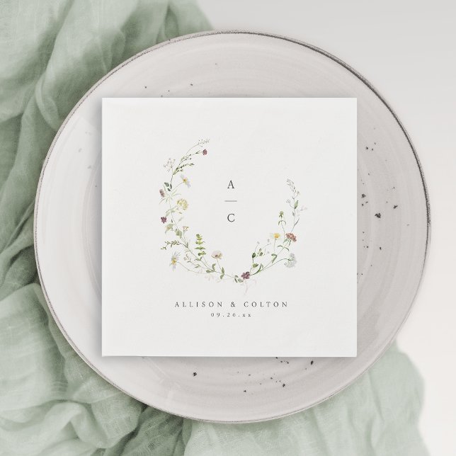 Guardanapo De Papel Sage Green Wildflower Rustic Boho Casamento Monogr (Elegant Wildflower Rustic Boho Wedding Monogram Napkins)
