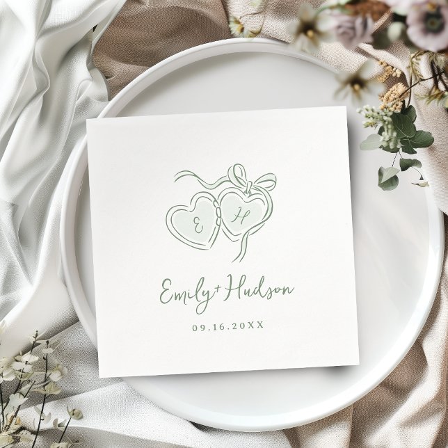 Guardanapo De Papel Sage Hand Drawn Hearts Monogram Whimsical Wedding (Sage Hand Drawn Hearts Monogram Whimsical Wedding Napkins)