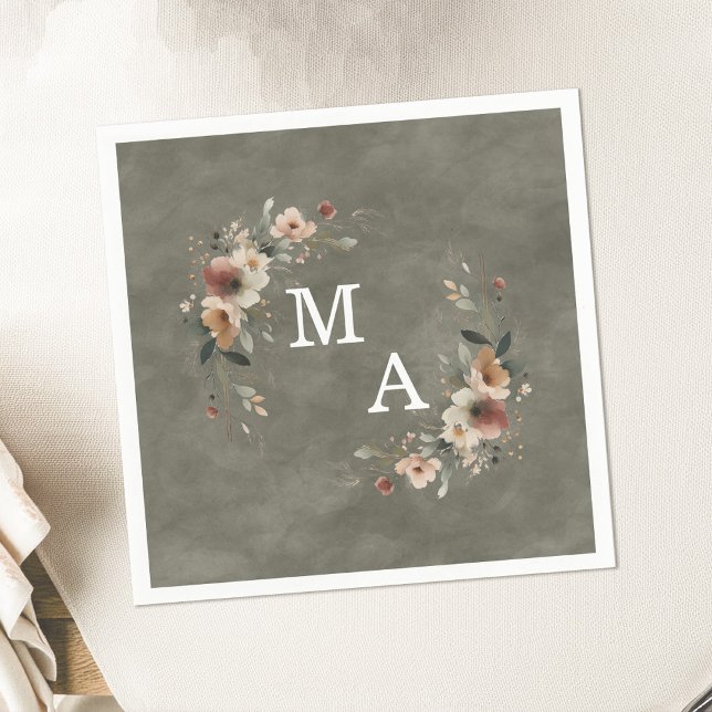 Guardanapo De Papel Sage Whisper Green Floral Wreath Casamento Monogra (Wrap your celebration in elegance with our monogrammed napkins in 6 rustic hues.)