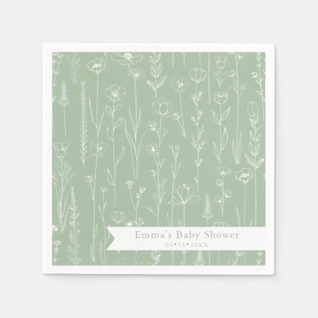 Guardanapo De Papel Sage Wildflower Baby Shower | Floral Pattern (Frente)
