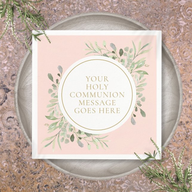 Guardanapo De Papel Sagrada comunhão verde-rosa (Holy Communion Greenery Floral Blush Pink Napkins)