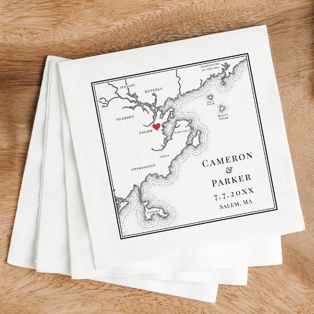 Guardanapo De Papel Salem MÃE Map Casamento Branco e Negro Elegante (Salem MA Map Wedding cocktail napkins in elegant black and white from Coastal Map Designs)