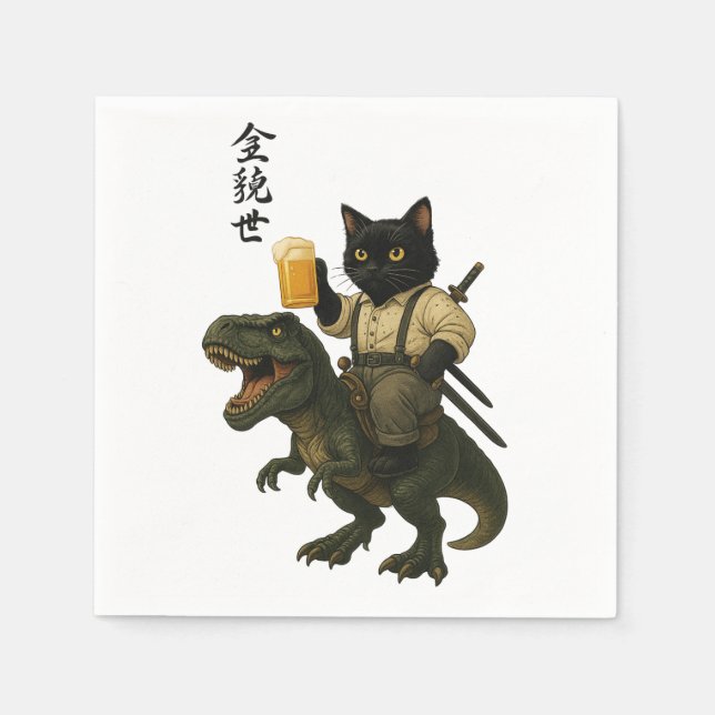 Guardanapo De Papel Samurai Cat with Beer & T-Rex | Retro Japanese Art (Frente)