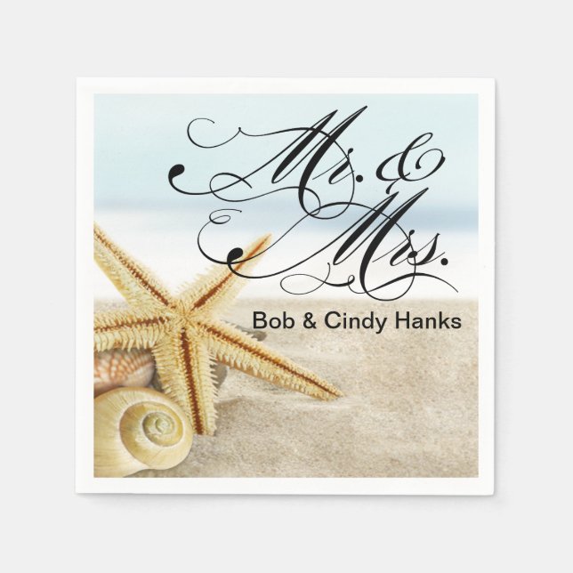 Guardanapo De Papel Sandy Beach Starfish Seashells Mr & Mrs. (Frente)
