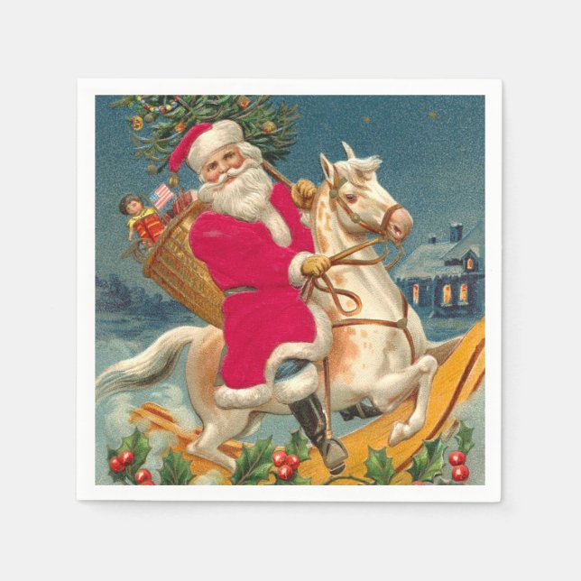 Guardanapo De Papel Santa Claus on a wooden horse (Frente)
