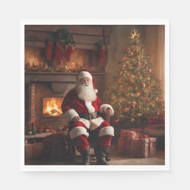 Guardanapo De Papel Santa Clause with Christmas Tree & Fireplace (Frente)