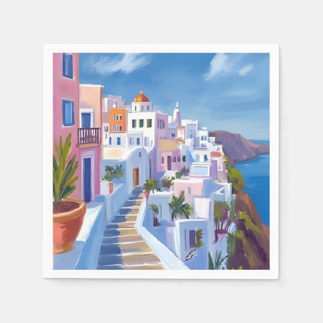 Guardanapo De Papel Santorini Greece Painting Watercolor Travel (Frente)