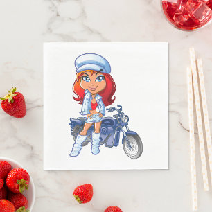 Guardanapo De Papel Sassy Biker Girl com cabelo vermelho e motocicleta