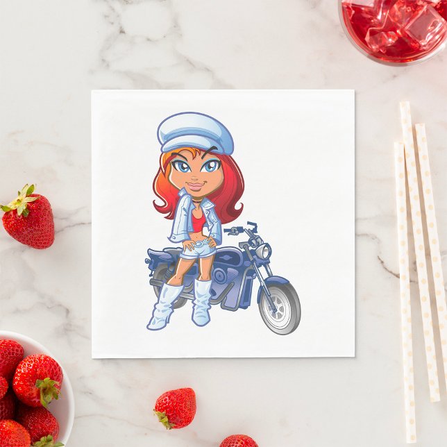 Guardanapo De Papel Sassy Biker Girl com cabelo vermelho e motocicleta (Criador carregado)