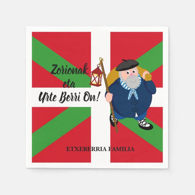 Guardanapo De Papel Saudação de Natal personalizada, Olentzero + Ikurr (Frente)