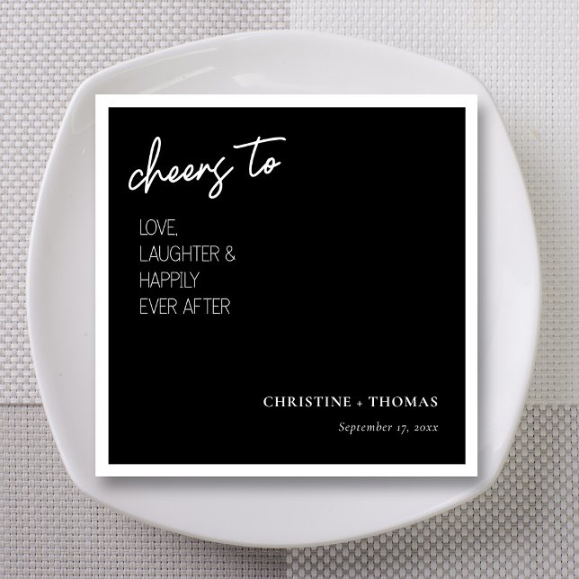Guardanapo De Papel Saúde ao Casal Feliz! Casamento (Black & white Cheers to Love Laughter and Happily Ever After wedding napkins with personalized name)