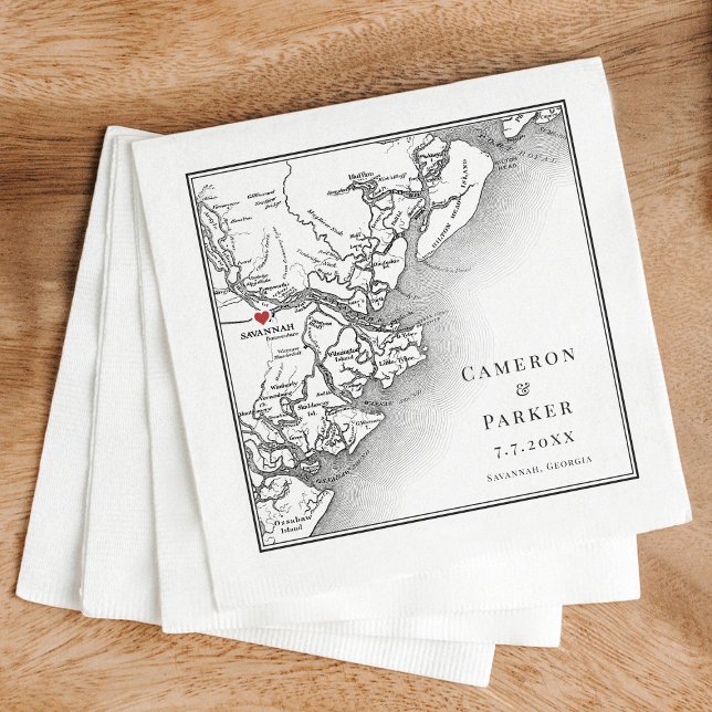 Guardanapo De Papel Savannah Georgia Mapa Elegante Casamento Branco Ne (Elegant Savannah Georgia Custom Wedding napkins with personalized black and white map )