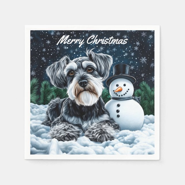 Guardanapo De Papel Schnauzer e Snowman no Natal (Frente)