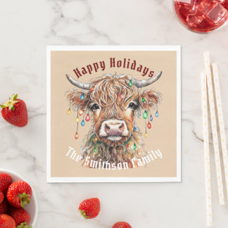 Guardanapo De Papel Scottish Highland Cow Christmas Lights