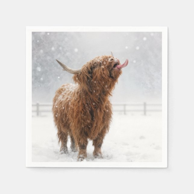 Guardanapo De Papel Scottish Highland Cow Licking Snowflakes (Frente)
