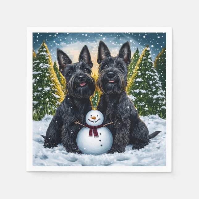 Guardanapo De Papel Scottish Terriers and Winter Snowman (Frente)