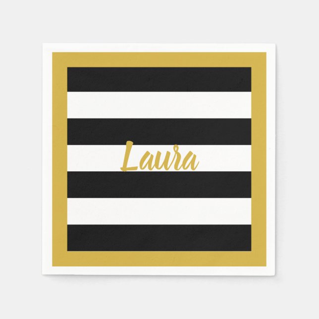 Guardanapo De Papel Script Dourado Faux personalizado em faixas preto  (Frente)