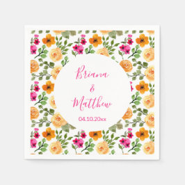 Guardanapo De Papel Script Elegante Floral Cor-de-Rosa e Laranja