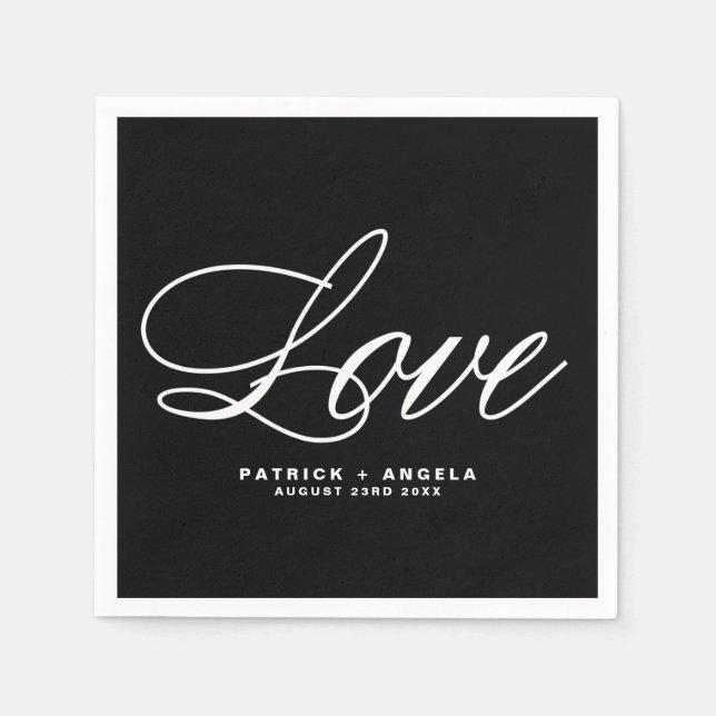 Guardanapo De Papel Script Elegante Preto e Branco | Casamento de amor (Frente)